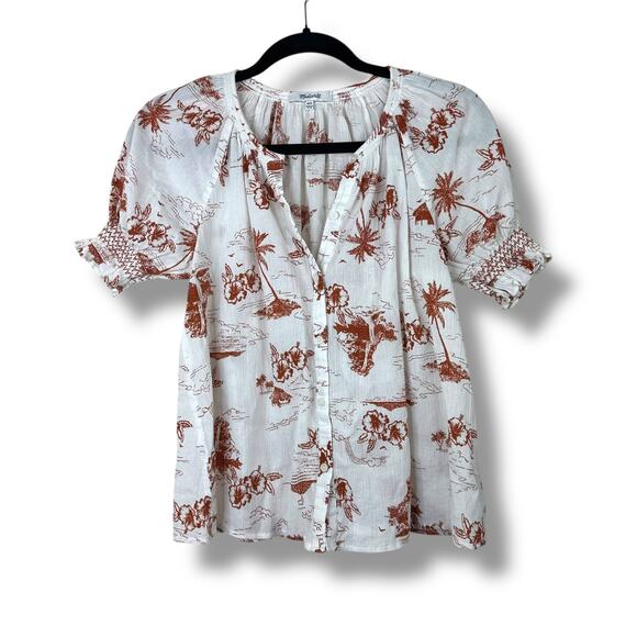 Madewell Paradise Voile Lighthouse Cotton Palm Print Smocked Button-Down Top XXS - Picture 1 of 8